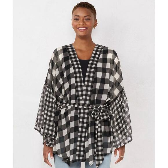 LC Lauren Conrad Black White Checkered Gingham Bell Sleeve Open Sheer Blouse OS - Picture 1 of 8